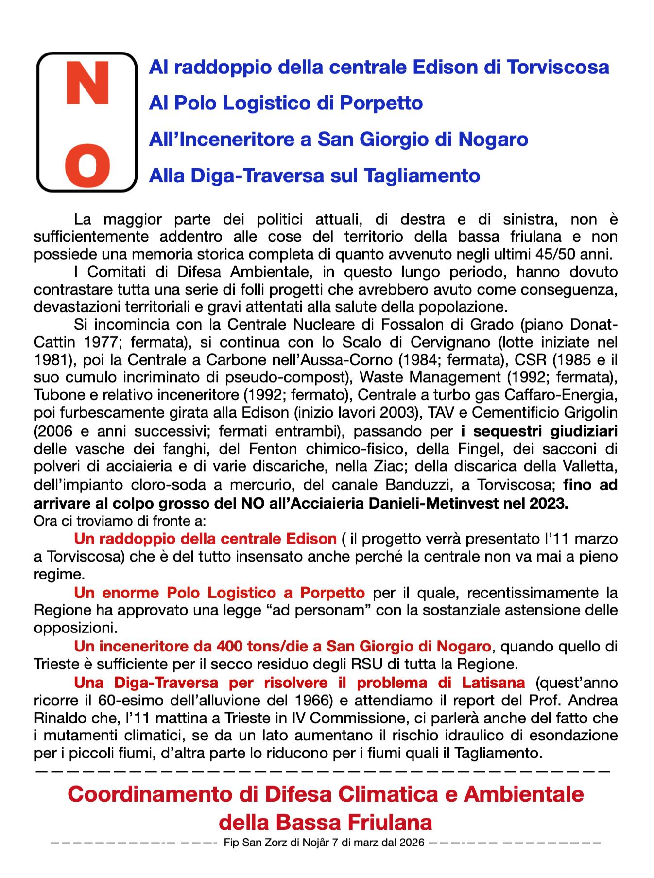 Volantino del Coordinamento di Difesa Climatica e Ambientale della Bassa Friulasna